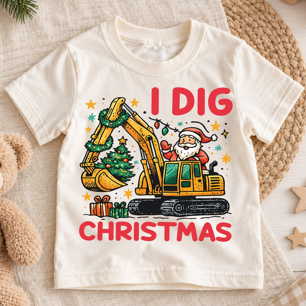 I Dig Christmas Kids T-Shirt, Excavator Santa Holiday Tee, Construction Truck Christmas Outfit, Toddler Boy Xmas Gift, Digger Shirt — product view 1