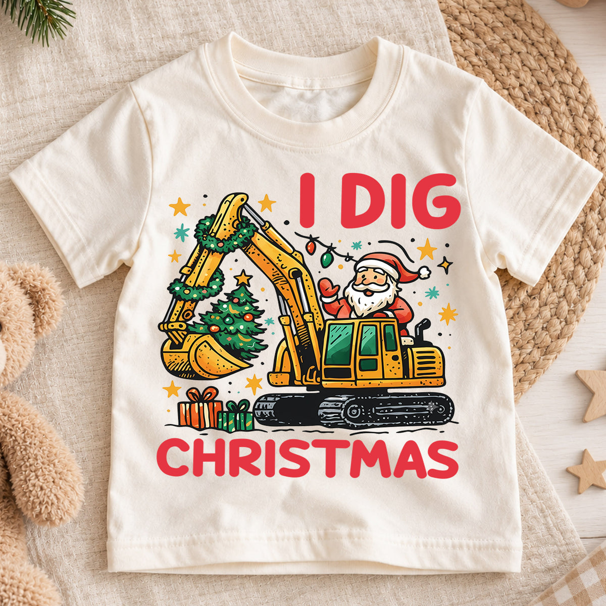 I Dig Christmas Kids T-Shirt, Excavator Santa Holiday Tee, Construction Truck Christmas Outfit, Toddler Boy Xmas Gift, Digger Shirt — product view 1