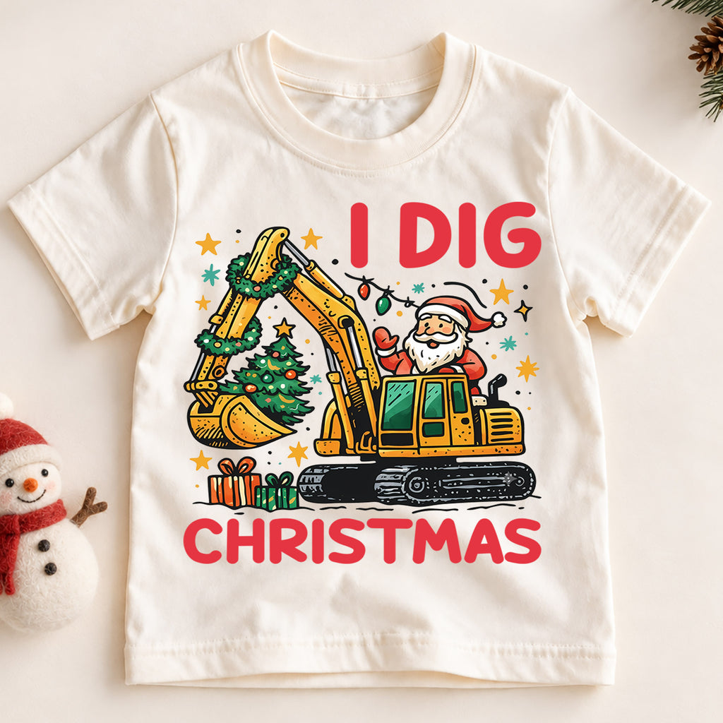 I Dig Christmas Kids T-Shirt, Excavator Santa Holiday Tee, Construction Truck Christmas Outfit, Toddler Boy Xmas Gift, Digger Shirt — product view 2