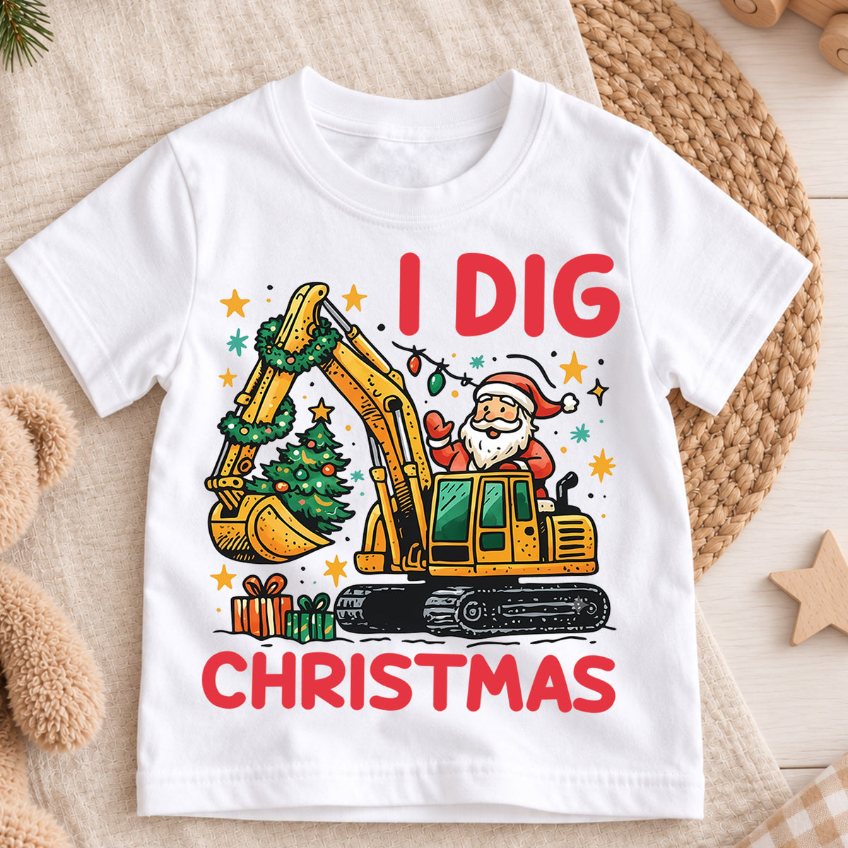 I Dig Christmas Kids T-Shirt, Excavator Santa Holiday Tee, Construction Truck Christmas Outfit, Toddler Boy Xmas Gift, Digger Shirt — product view 3