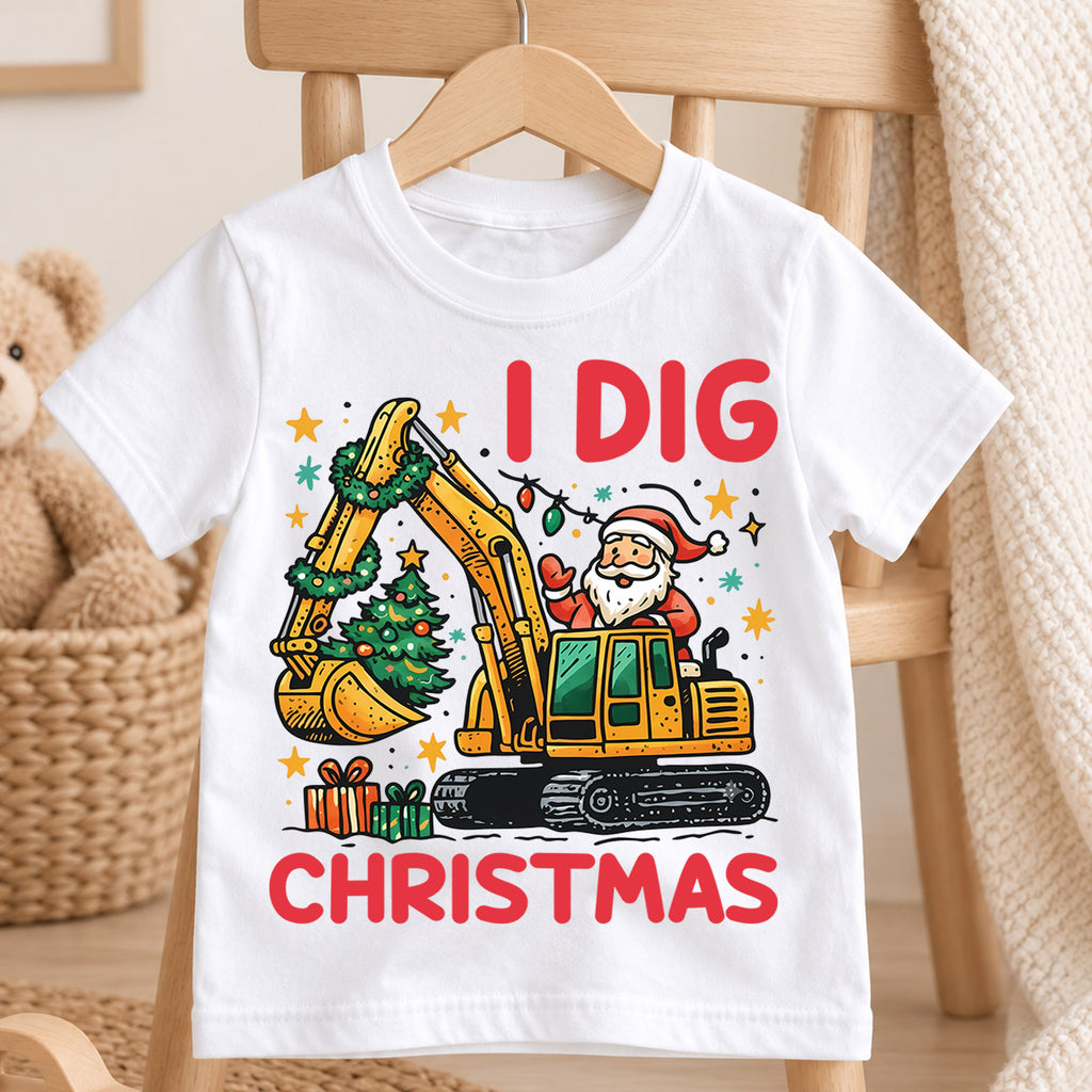 I Dig Christmas Kids T-Shirt, Excavator Santa Holiday Tee, Construction Truck Christmas Outfit, Toddler Boy Xmas Gift, Digger Shirt — product view 4