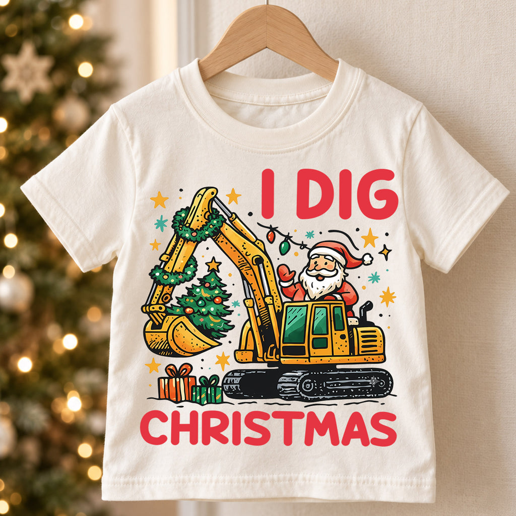 I Dig Christmas Kids T-Shirt, Excavator Santa Holiday Tee, Construction Truck Christmas Outfit, Toddler Boy Xmas Gift, Digger Shirt — product view 5