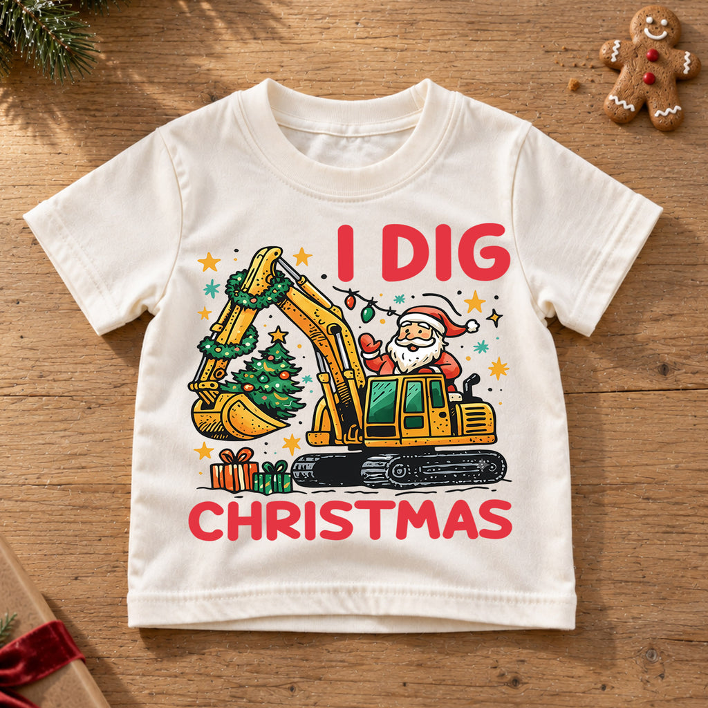 I Dig Christmas Kids T-Shirt, Excavator Santa Holiday Tee, Construction Truck Christmas Outfit, Toddler Boy Xmas Gift, Digger Shirt — product view 6