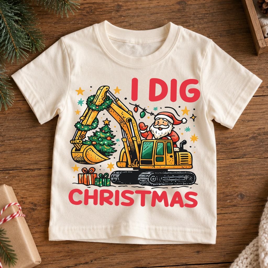 I Dig Christmas Kids T-Shirt, Excavator Santa Holiday Tee, Construction Truck Christmas Outfit, Toddler Boy Xmas Gift, Digger Shirt — product view 7