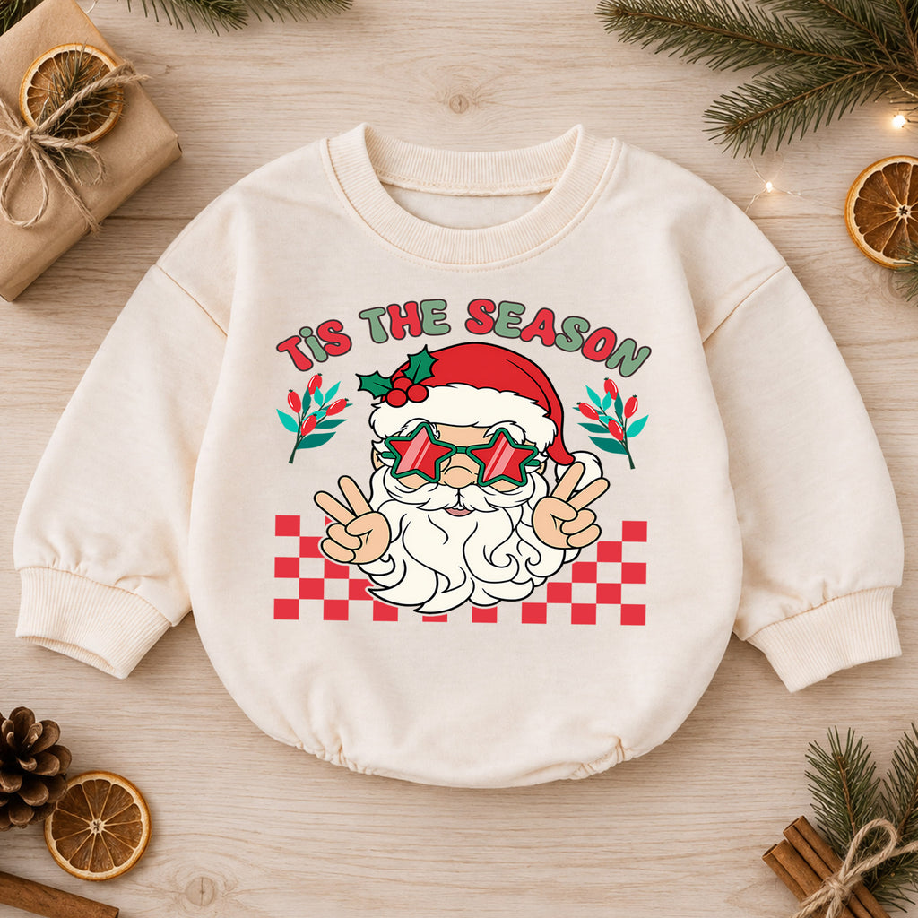 Santa Christmas Baby Romper, Retro Holiday Outfit with Star Glasses, Tis the Season Romper, Cute Toddler Christmas Gift — product view 1