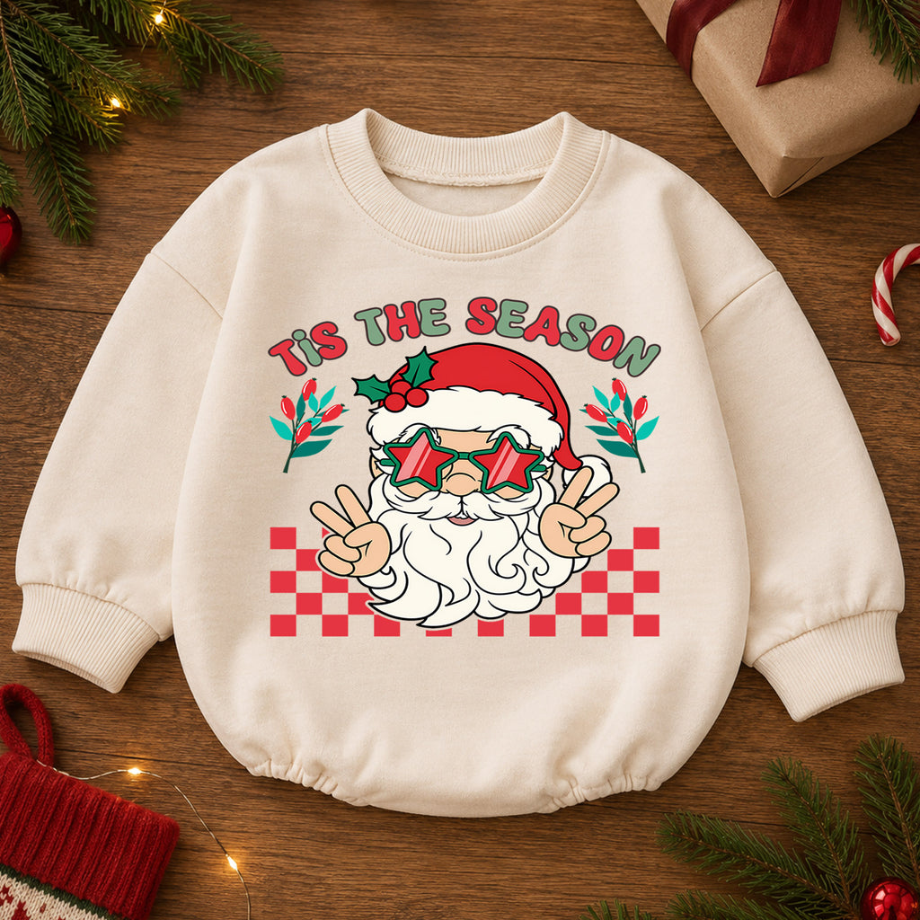 Santa Christmas Baby Romper, Retro Holiday Outfit with Star Glasses, Tis the Season Romper, Cute Toddler Christmas Gift — product view 2