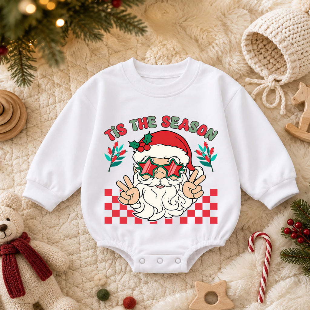 Santa Christmas Baby Romper, Retro Holiday Outfit with Star Glasses, Tis the Season Romper, Cute Toddler Christmas Gift — product view 3
