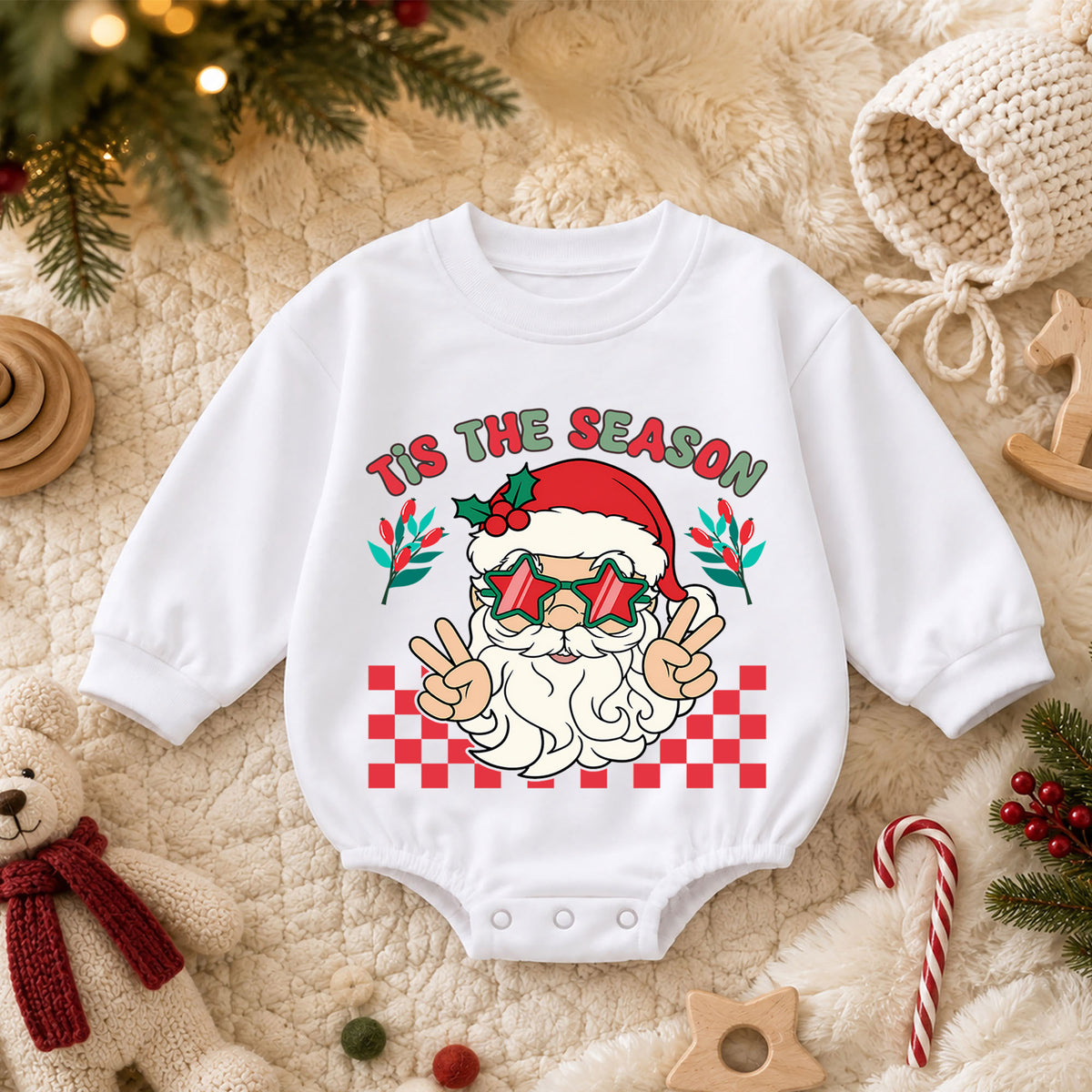 Santa Christmas Baby Romper, Retro Holiday Outfit with Star Glasses, Tis the Season Romper, Cute Toddler Christmas Gift — product view 3