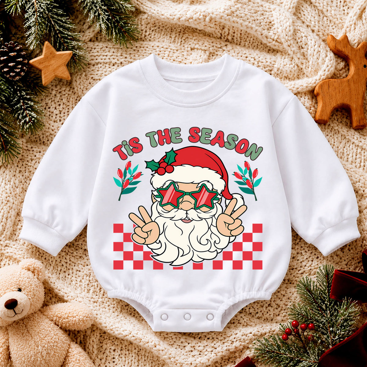 Santa Christmas Baby Romper, Retro Holiday Outfit with Star Glasses, Tis the Season Romper, Cute Toddler Christmas Gift — product view 4