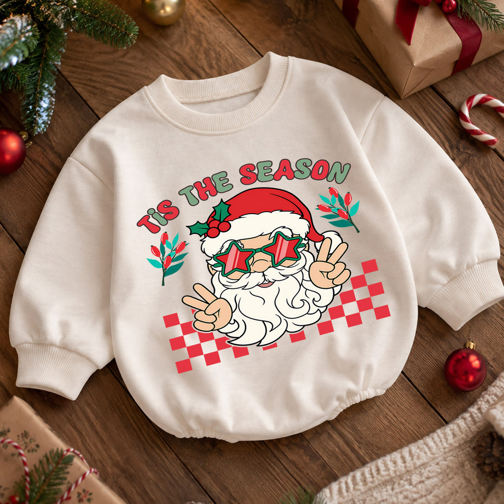 Santa Christmas Baby Romper, Retro Holiday Outfit with Star Glasses, Tis the Season Romper, Cute Toddler Christmas Gift — product view 5