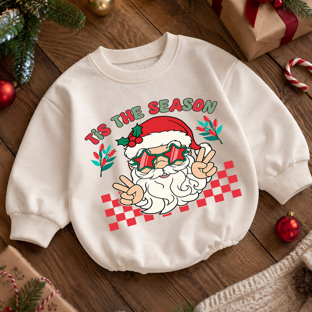 Santa Christmas Baby Romper, Retro Holiday Outfit with Star Glasses, Tis the Season Romper, Cute Toddler Christmas Gift — product view 5