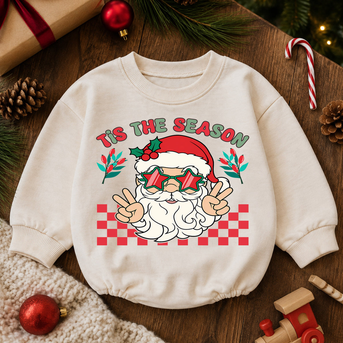 Santa Christmas Baby Romper, Retro Holiday Outfit with Star Glasses, Tis the Season Romper, Cute Toddler Christmas Gift — product view 6