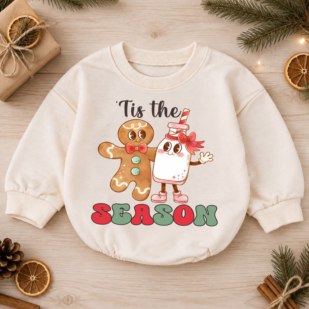 Gingerbread Christmas Baby Romper, Milk Cookie Holiday Outfit, Tis the Season Romper, Cute Toddler Christmas Baby Gift — product view 1