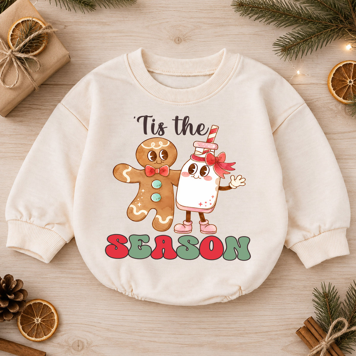 Gingerbread Christmas Baby Romper, Milk Cookie Holiday Outfit, Tis the Season Romper, Cute Toddler Christmas Baby Gift — product view 1