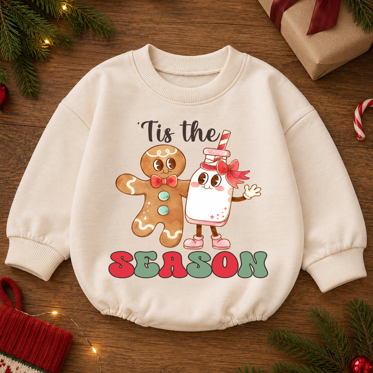 Gingerbread Christmas Baby Romper, Milk Cookie Holiday Outfit, Tis the Season Romper, Cute Toddler Christmas Baby Gift — product view 2