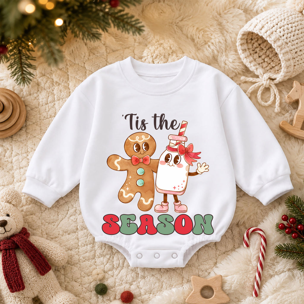 Gingerbread Christmas Baby Romper, Milk Cookie Holiday Outfit, Tis the Season Romper, Cute Toddler Christmas Baby Gift — product view 3