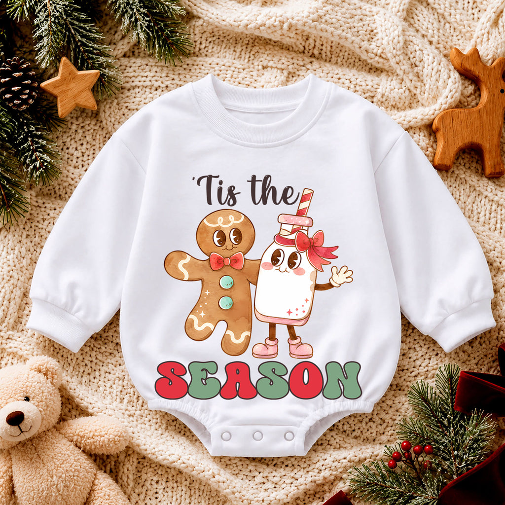 Gingerbread Christmas Baby Romper, Milk Cookie Holiday Outfit, Tis the Season Romper, Cute Toddler Christmas Baby Gift — product view 4