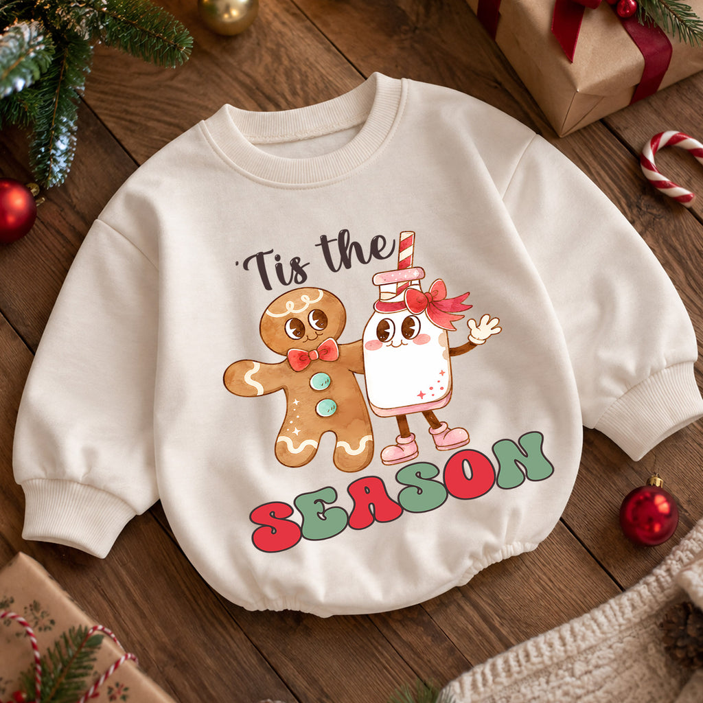 Gingerbread Christmas Baby Romper, Milk Cookie Holiday Outfit, Tis the Season Romper, Cute Toddler Christmas Baby Gift — product view 5