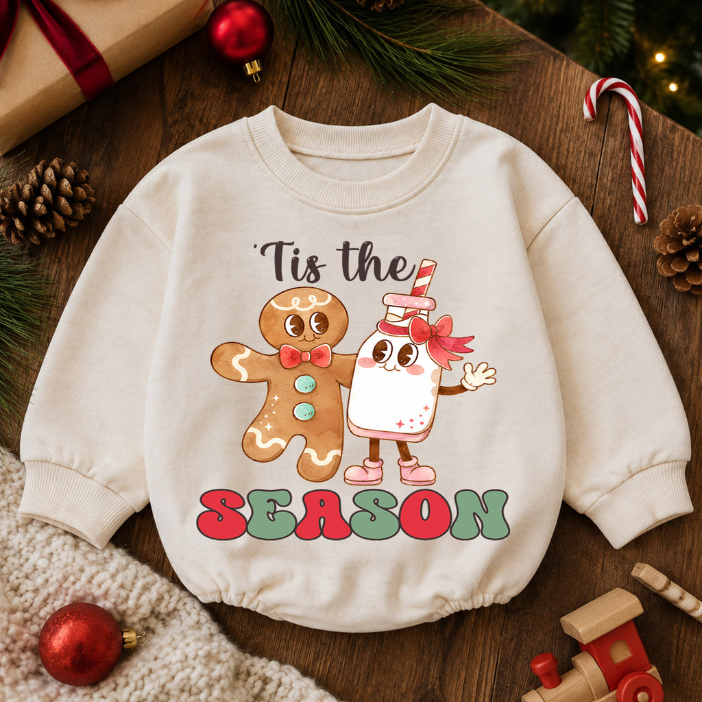 Gingerbread Christmas Baby Romper, Milk Cookie Holiday Outfit, Tis the Season Romper, Cute Toddler Christmas Baby Gift — product view 6
