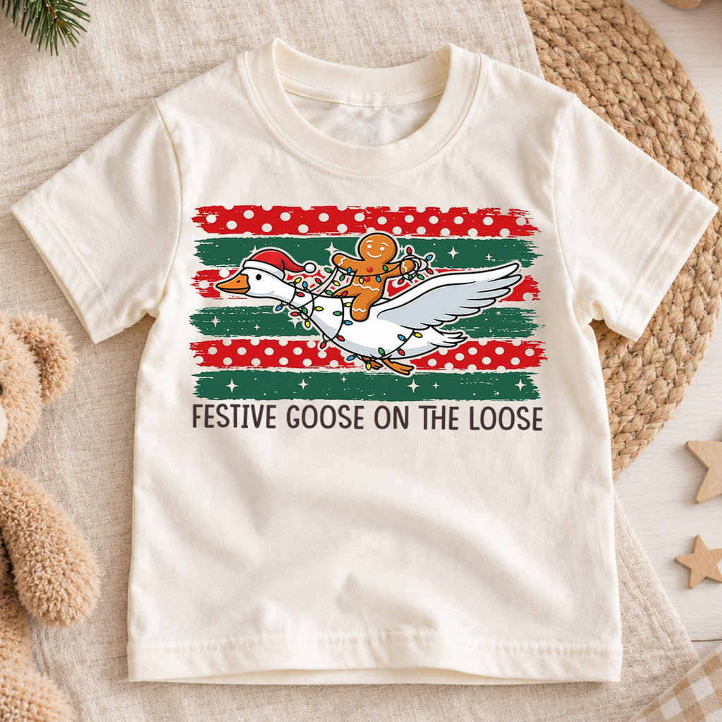 Festive Goose on the Loose Kids Christmas Shirt, Gingerbread Rider Holiday Tee, Funny Goose Xmas Outfit for Boys Girls, Cute Gift for Kids — product view 1