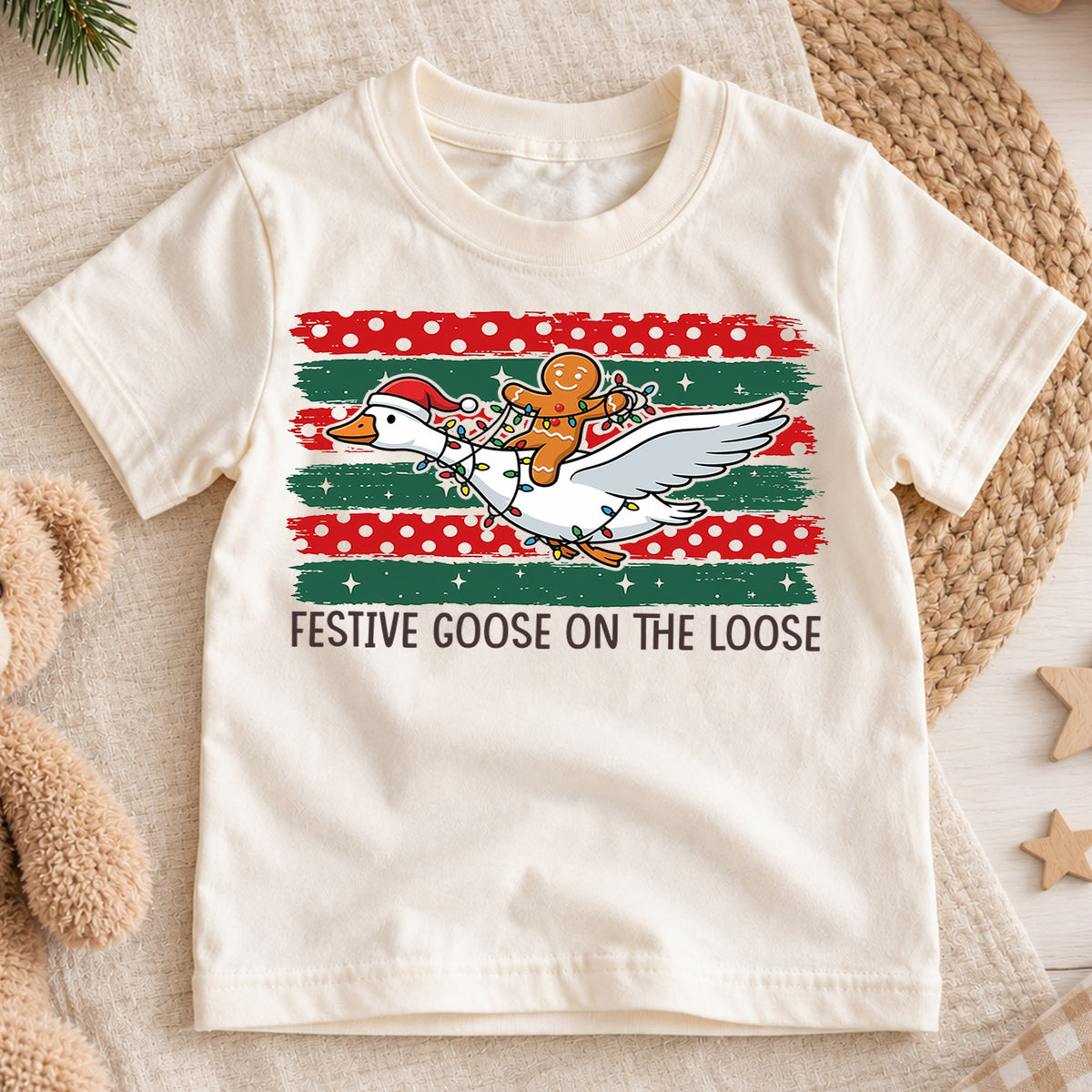 Festive Goose on the Loose Kids Christmas Shirt, Gingerbread Rider Holiday Tee, Funny Goose Xmas Outfit for Boys Girls, Cute Gift for Kids — product view 1