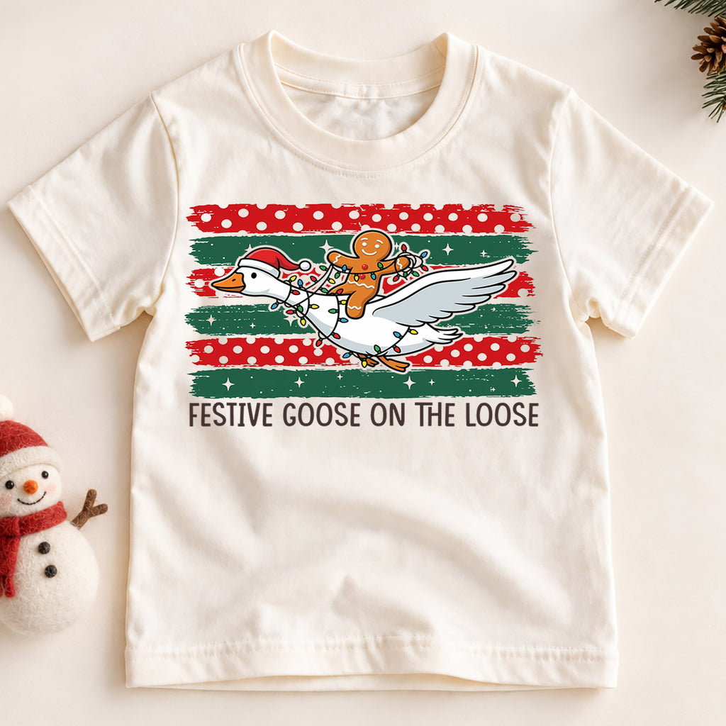 Festive Goose on the Loose Kids Christmas Shirt, Gingerbread Rider Holiday Tee, Funny Goose Xmas Outfit for Boys Girls, Cute Gift for Kids — product view 2