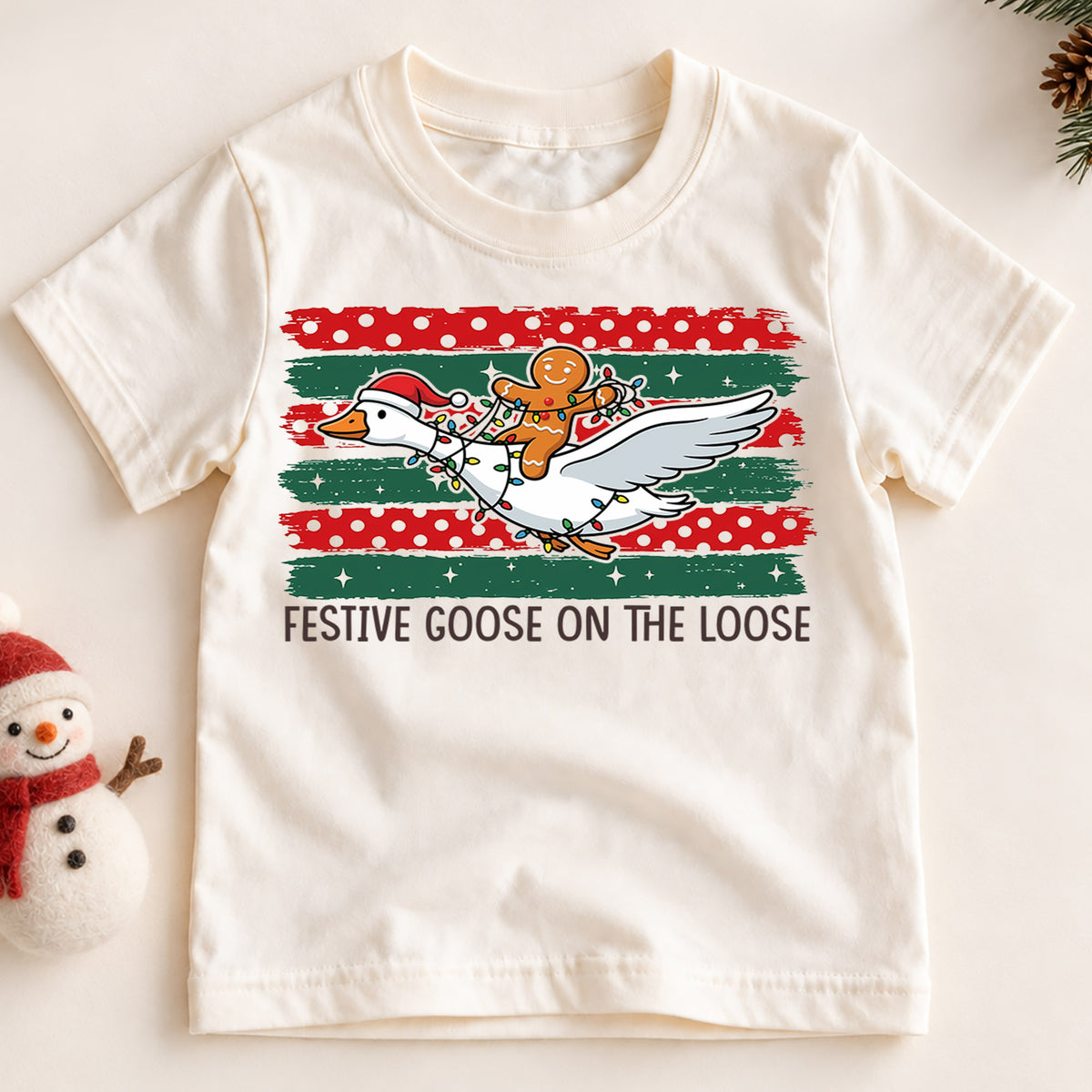Festive Goose on the Loose Kids Christmas Shirt, Gingerbread Rider Holiday Tee, Funny Goose Xmas Outfit for Boys Girls, Cute Gift for Kids — product view 2