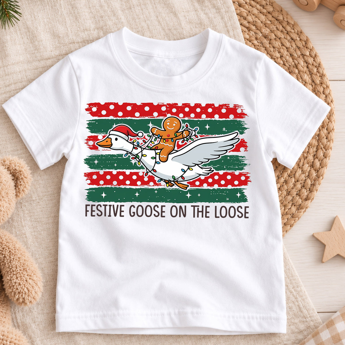 Festive Goose on the Loose Kids Christmas Shirt, Gingerbread Rider Holiday Tee, Funny Goose Xmas Outfit for Boys Girls, Cute Gift for Kids — product view 3