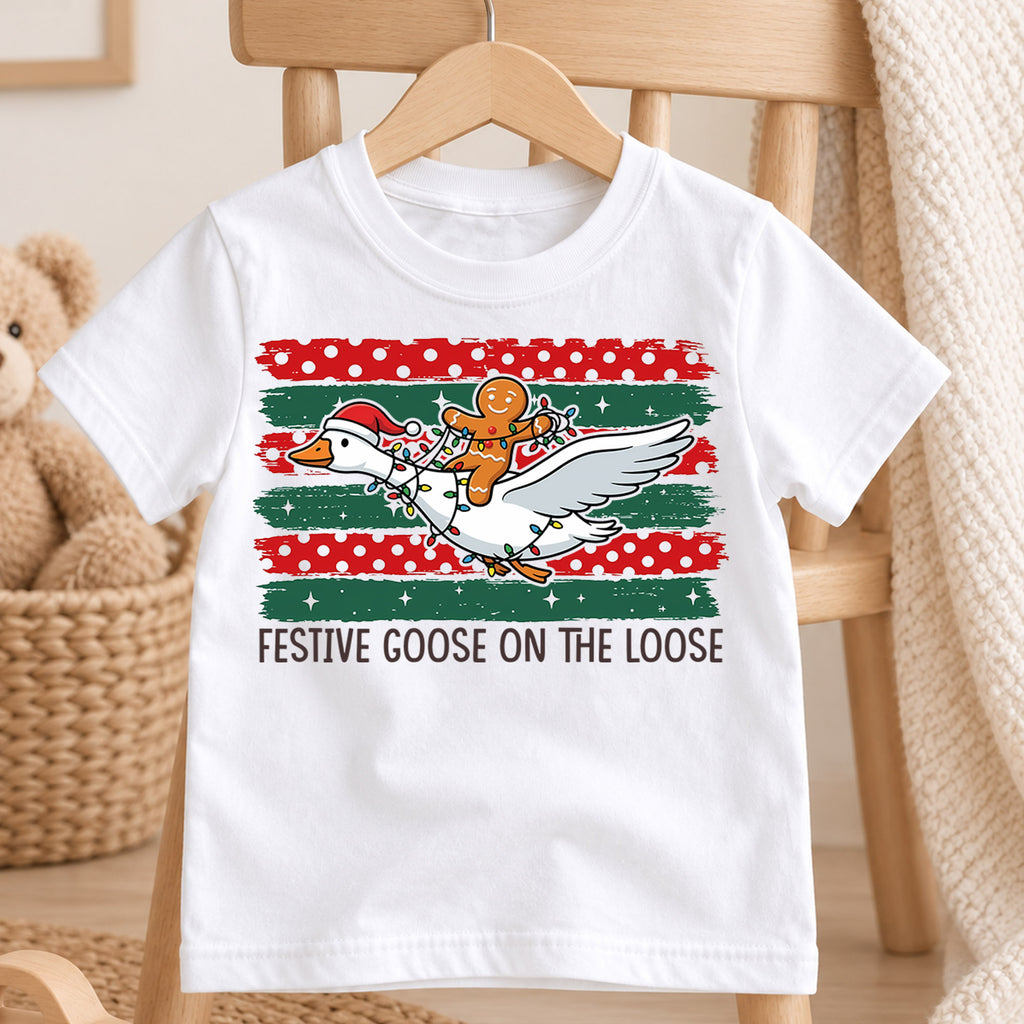 Festive Goose on the Loose Kids Christmas Shirt, Gingerbread Rider Holiday Tee, Funny Goose Xmas Outfit for Boys Girls, Cute Gift for Kids — product view 4