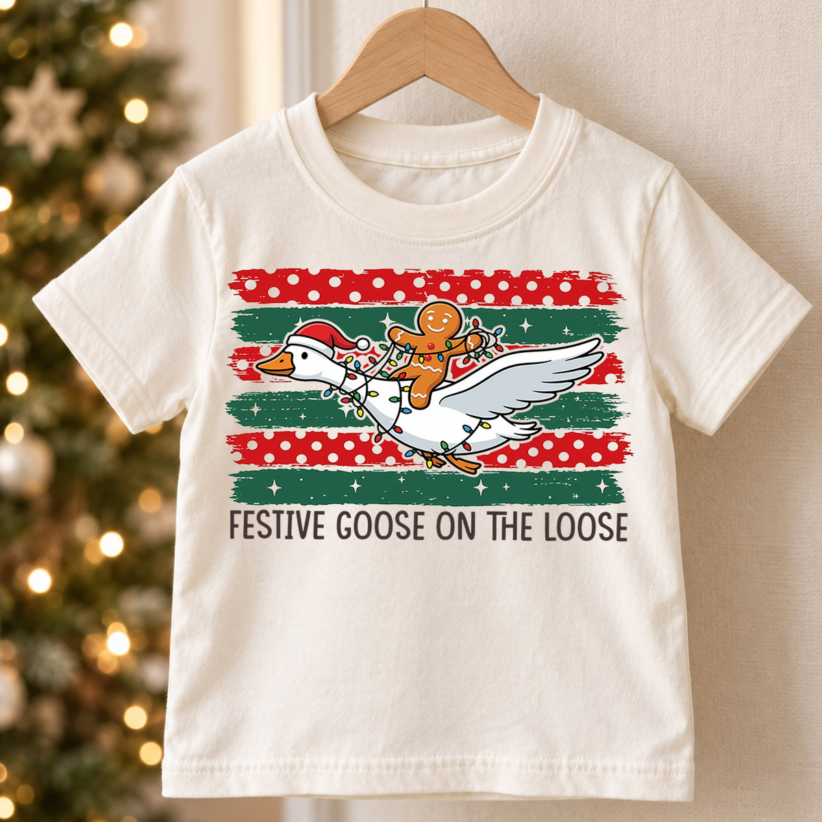 Festive Goose on the Loose Kids Christmas Shirt, Gingerbread Rider Holiday Tee, Funny Goose Xmas Outfit for Boys Girls, Cute Gift for Kids — product view 5