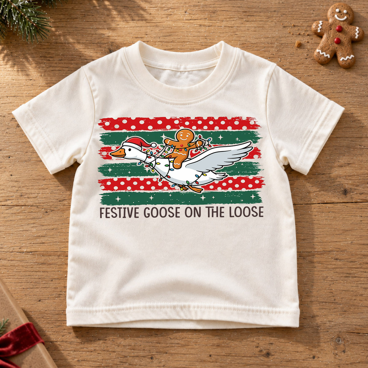 Festive Goose on the Loose Kids Christmas Shirt, Gingerbread Rider Holiday Tee, Funny Goose Xmas Outfit for Boys Girls, Cute Gift for Kids — product view 6