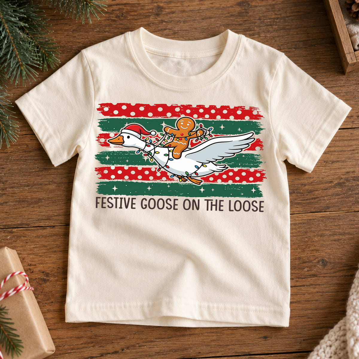 Festive Goose on the Loose Kids Christmas Shirt, Gingerbread Rider Holiday Tee, Funny Goose Xmas Outfit for Boys Girls, Cute Gift for Kids — product view 7