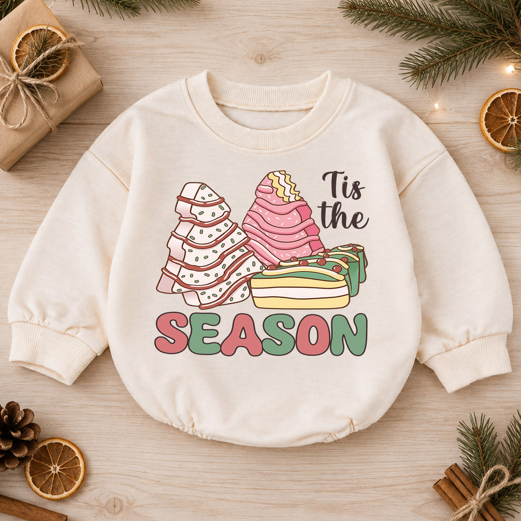 Tis the Season Christmas Baby Romper, Pink Gingerbread Christmas Tree Holiday Outfit, Cute Dessert Toddler Romper, Xmas Gift — product view 1