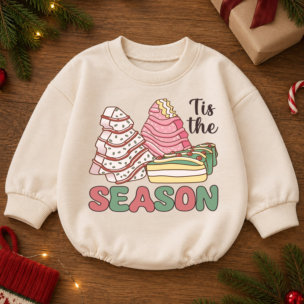 Tis the Season Christmas Baby Romper, Pink Gingerbread Christmas Tree Holiday Outfit, Cute Dessert Toddler Romper, Xmas Gift — product view 2