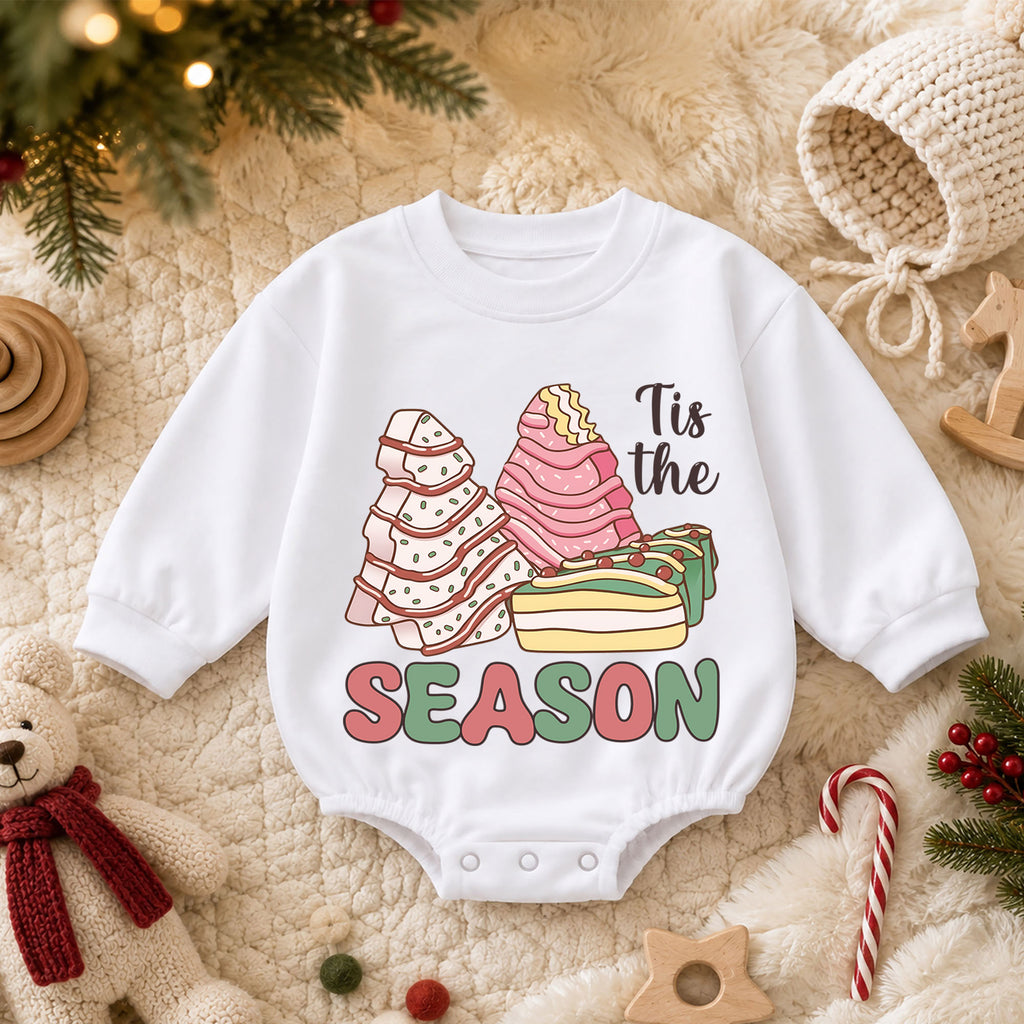 Tis the Season Christmas Baby Romper, Pink Gingerbread Christmas Tree Holiday Outfit, Cute Dessert Toddler Romper, Xmas Gift — product view 3