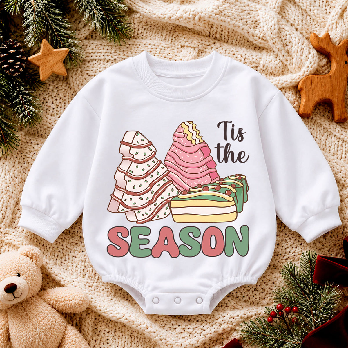 Tis the Season Christmas Baby Romper, Pink Gingerbread Christmas Tree Holiday Outfit, Cute Dessert Toddler Romper, Xmas Gift — product view 4