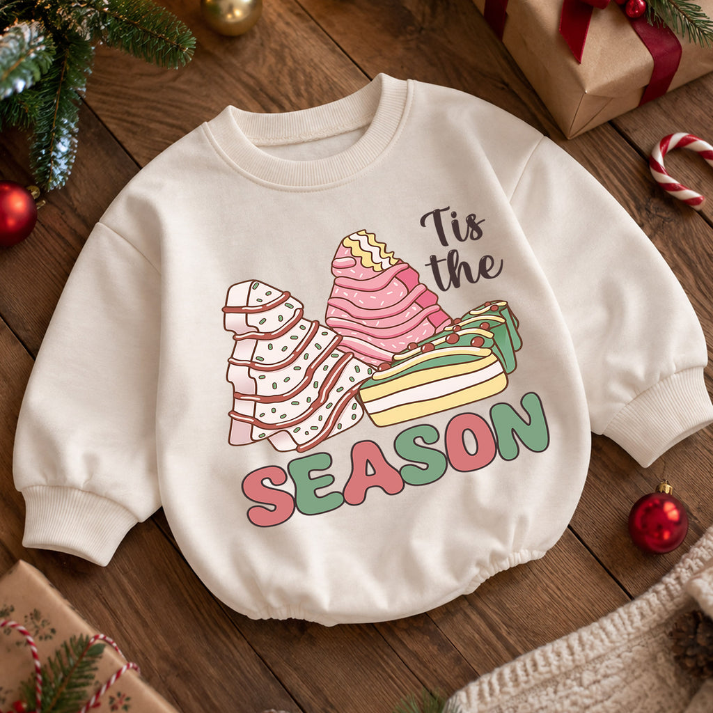 Tis the Season Christmas Baby Romper, Pink Gingerbread Christmas Tree Holiday Outfit, Cute Dessert Toddler Romper, Xmas Gift — product view 5