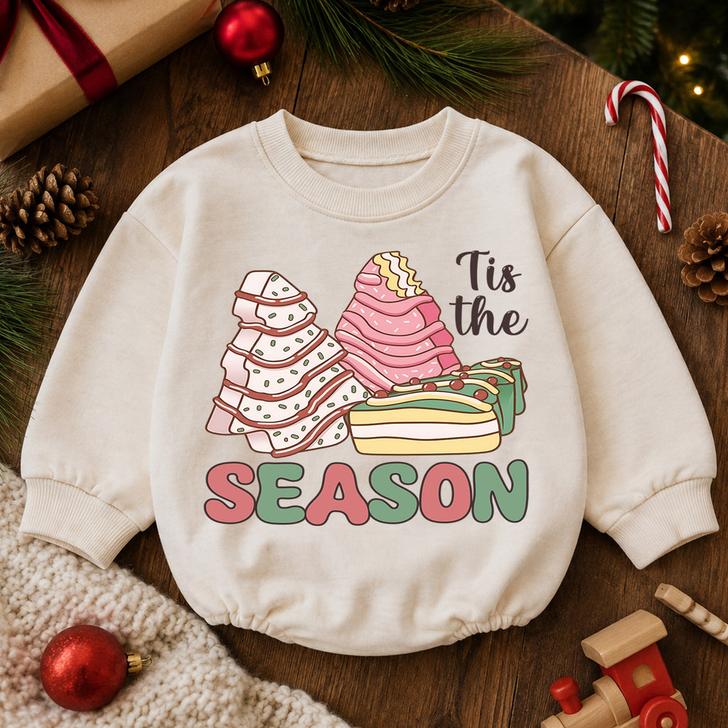 Tis the Season Christmas Baby Romper, Pink Gingerbread Christmas Tree Holiday Outfit, Cute Dessert Toddler Romper, Xmas Gift — product view 6