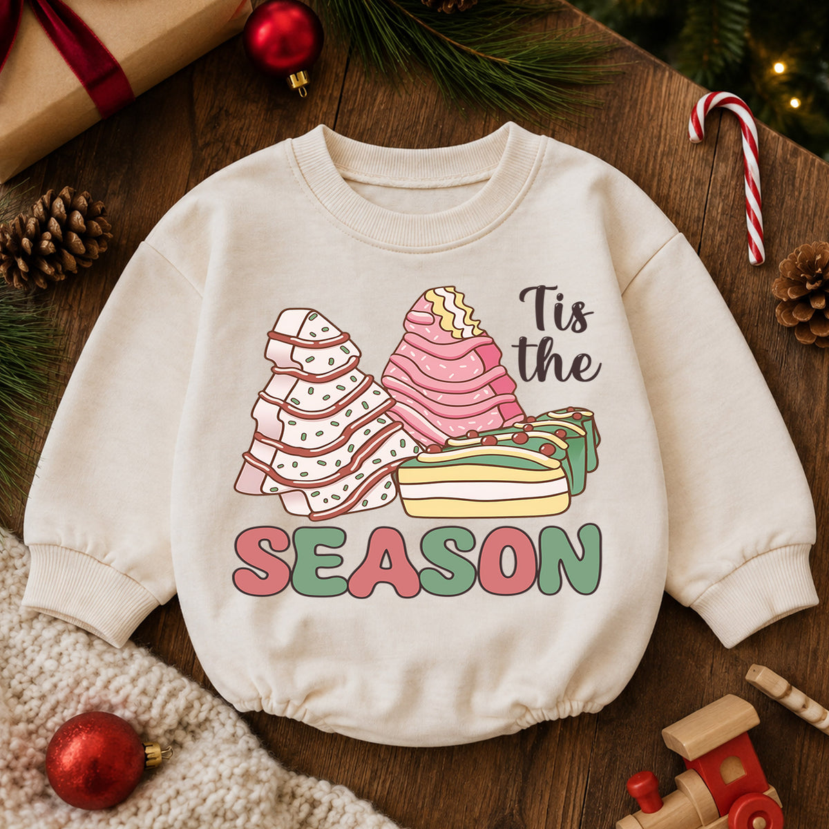 Tis the Season Christmas Baby Romper, Pink Gingerbread Christmas Tree Holiday Outfit, Cute Dessert Toddler Romper, Xmas Gift — product view 6