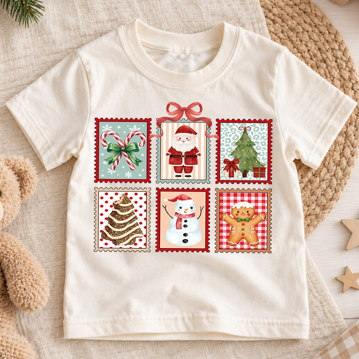 Christmas Stamp Collage Kids Shirt, Santa Reindeer Snowman Tee, Cute Holiday Postage Shirt, Christmas Tree Gingerbread Shirt for Kids — product view 1