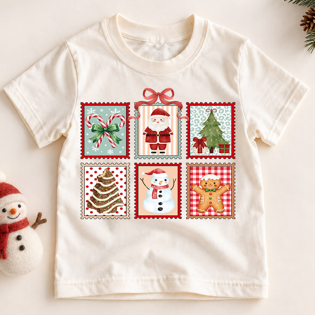 Christmas Stamp Collage Kids Shirt, Santa Reindeer Snowman Tee, Cute Holiday Postage Shirt, Christmas Tree Gingerbread Shirt for Kids — product view 2