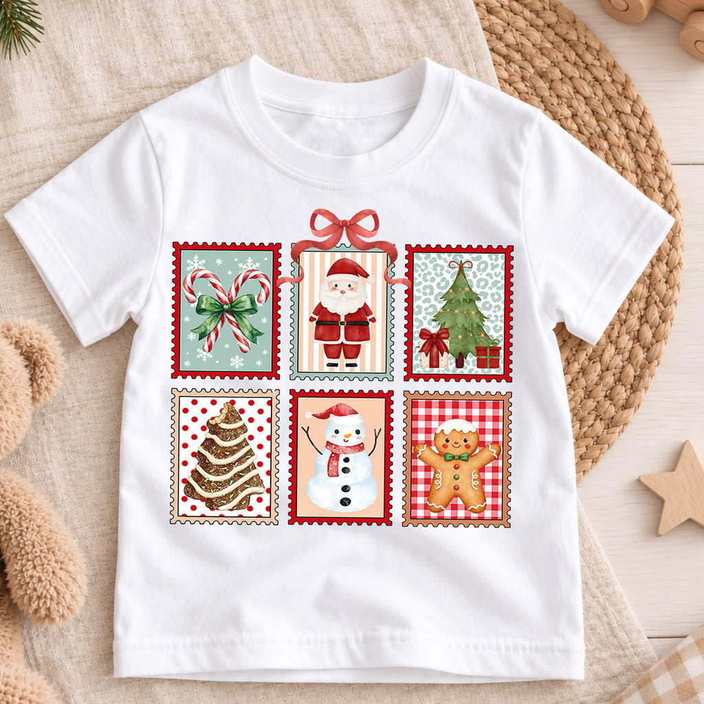 Christmas Stamp Collage Kids Shirt, Santa Reindeer Snowman Tee, Cute Holiday Postage Shirt, Christmas Tree Gingerbread Shirt for Kids — product view 3