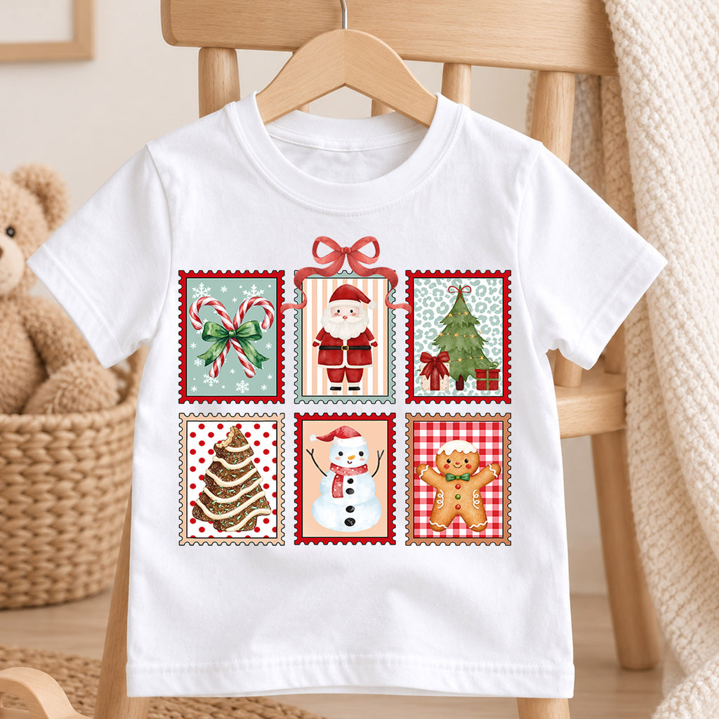 Christmas Stamp Collage Kids Shirt, Santa Reindeer Snowman Tee, Cute Holiday Postage Shirt, Christmas Tree Gingerbread Shirt for Kids — product view 4