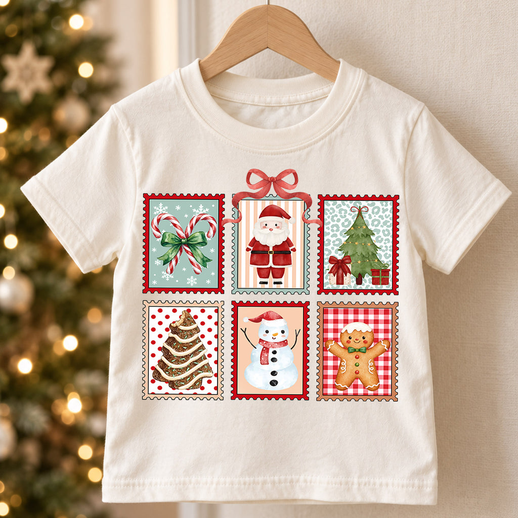 Christmas Stamp Collage Kids Shirt, Santa Reindeer Snowman Tee, Cute Holiday Postage Shirt, Christmas Tree Gingerbread Shirt for Kids — product view 5