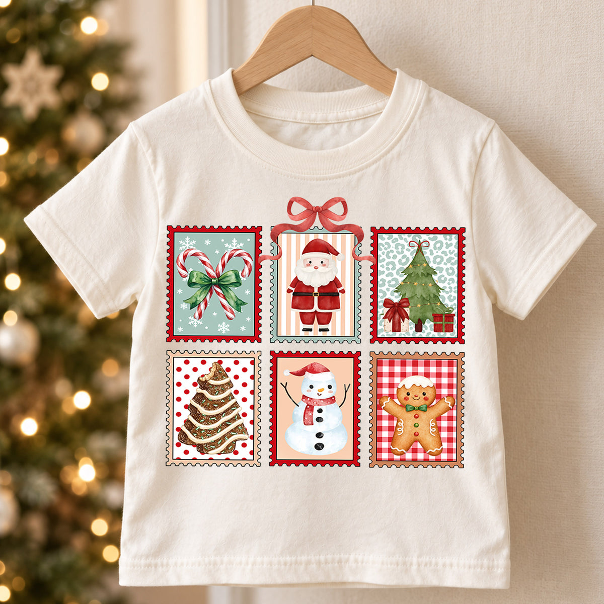 Christmas Stamp Collage Kids Shirt, Santa Reindeer Snowman Tee, Cute Holiday Postage Shirt, Christmas Tree Gingerbread Shirt for Kids — product view 5