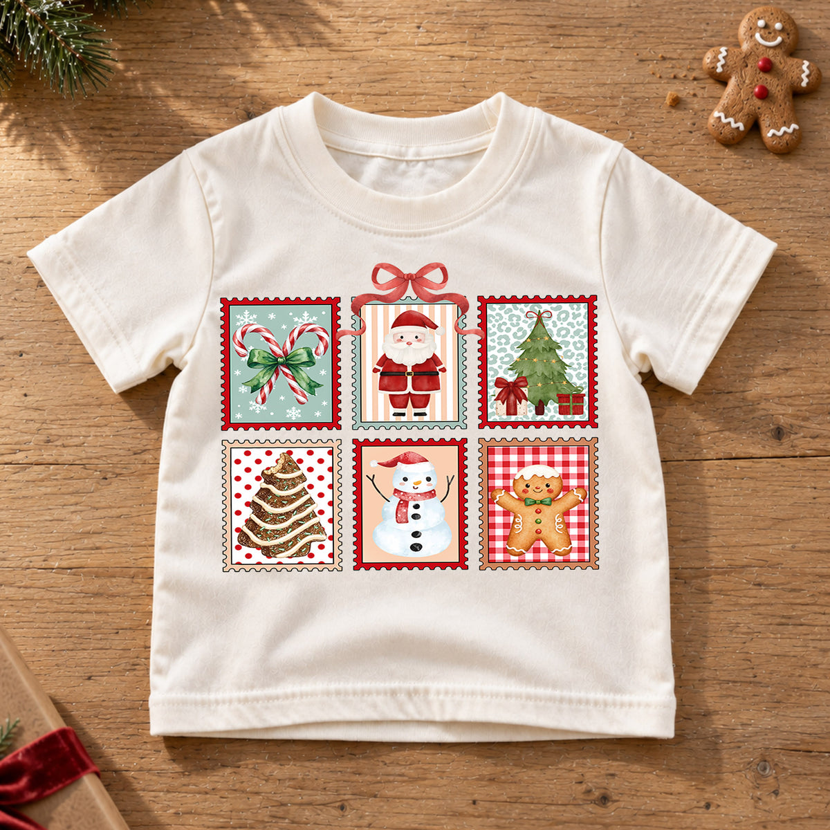 Christmas Stamp Collage Kids Shirt, Santa Reindeer Snowman Tee, Cute Holiday Postage Shirt, Christmas Tree Gingerbread Shirt for Kids — product view 6
