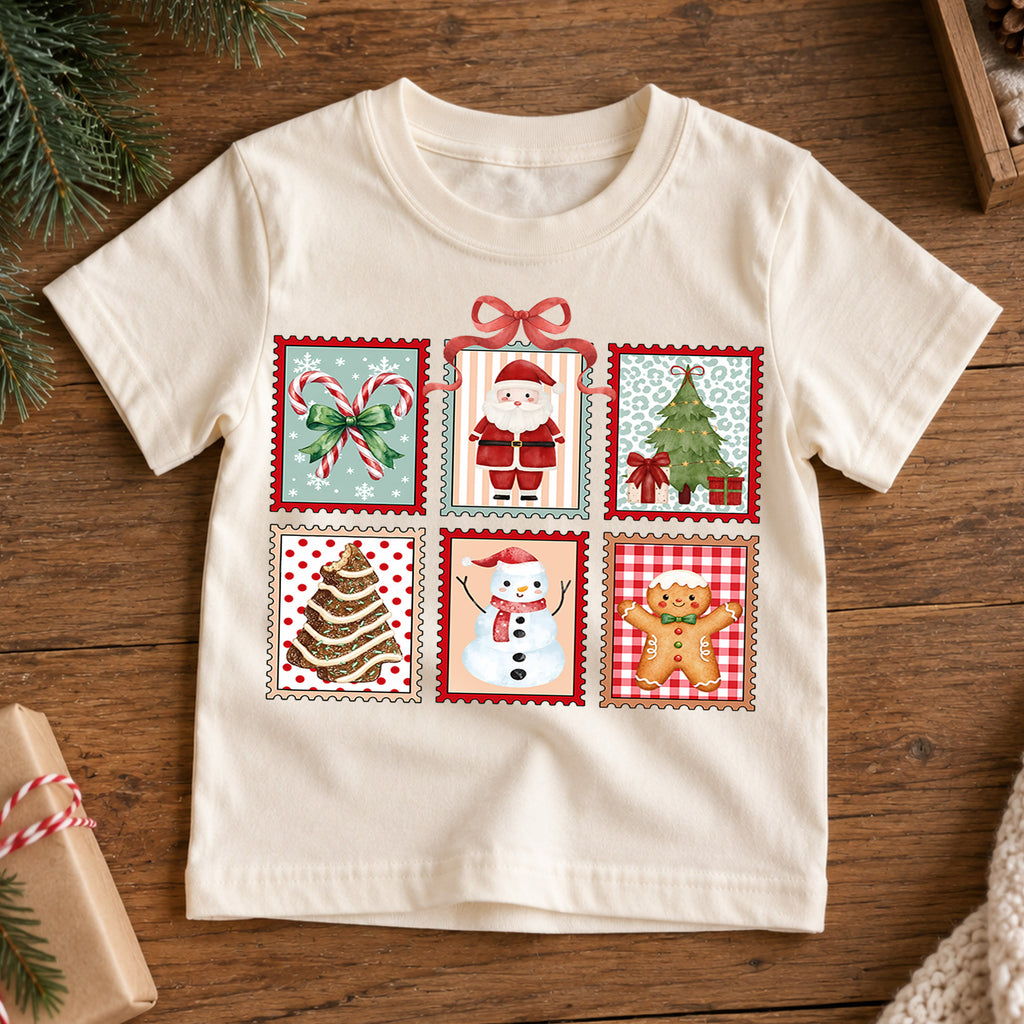 Christmas Stamp Collage Kids Shirt, Santa Reindeer Snowman Tee, Cute Holiday Postage Shirt, Christmas Tree Gingerbread Shirt for Kids — product view 7
