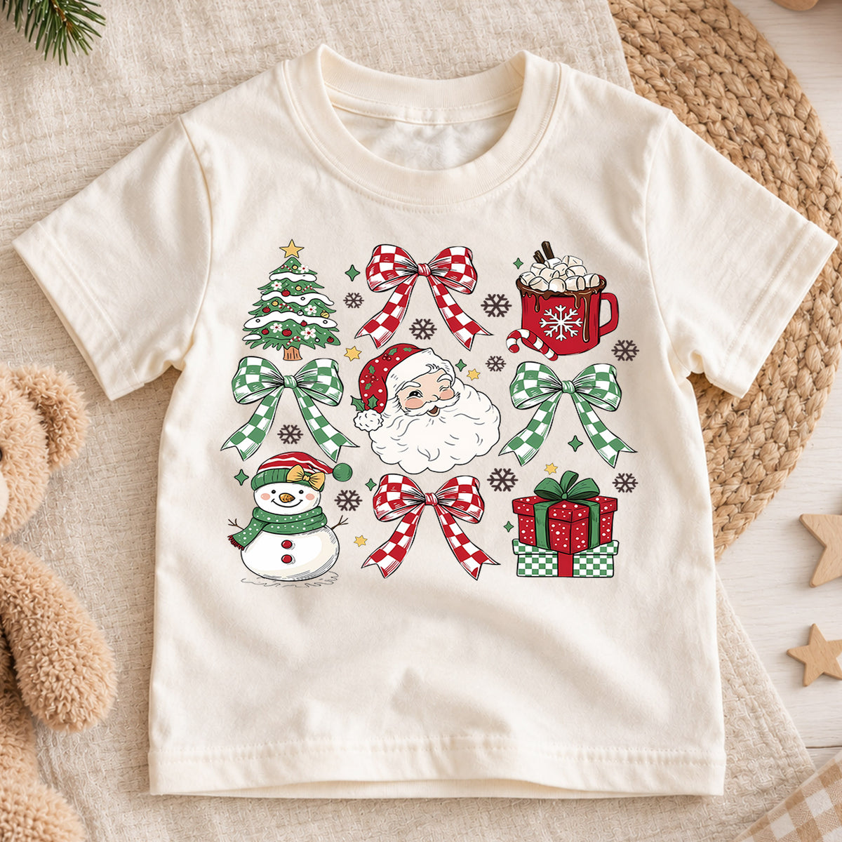 Retro Christmas Grid Shirt, Festive Holiday Icons Tee, Cute Santa Snowman Kids Outfit, Christmas Tree Cocoa Top, Holiday Gift Kids Tee — product view 1