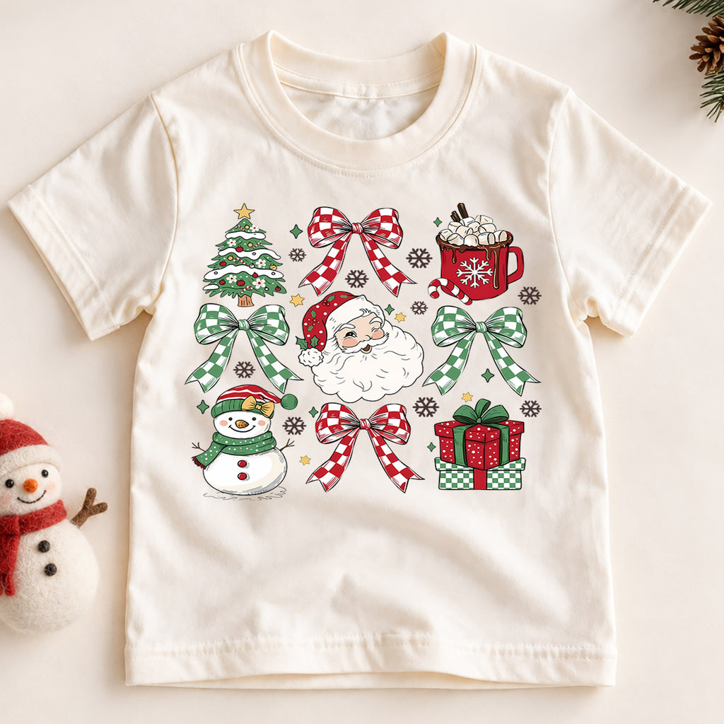 Retro Christmas Grid Shirt, Festive Holiday Icons Tee, Cute Santa Snowman Kids Outfit, Christmas Tree Cocoa Top, Holiday Gift Kids Tee — product view 2