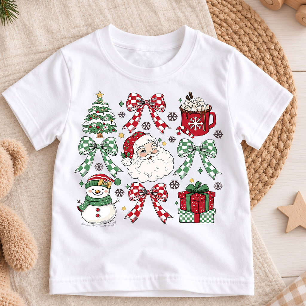 Retro Christmas Grid Shirt, Festive Holiday Icons Tee, Cute Santa Snowman Kids Outfit, Christmas Tree Cocoa Top, Holiday Gift Kids Tee — product view 3